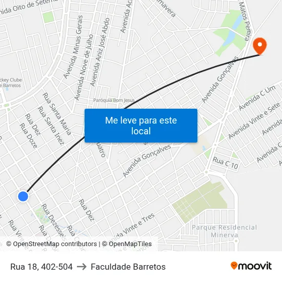 Rua 18, 402-504 to Faculdade Barretos map