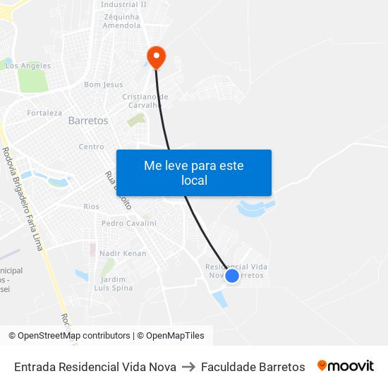 Entrada Residencial Vida Nova to Faculdade Barretos map