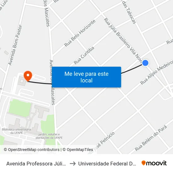 Avenida Professora Júlia Brasileiro Vila Nova 634 to Universidade Federal Do Agreste De Pernambuco map