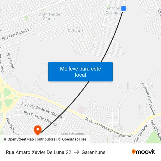 Rua Amaro Xavier De Luna 22 to Garanhuns map