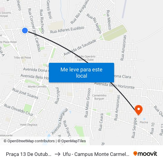 Praça 13 De Outubro, 21 to Ufu - Campus Monte Carmelo (Sesi) map