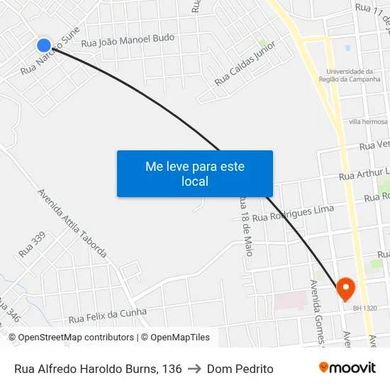 Rua Alfredo Haroldo Burns, 136 to Dom Pedrito map