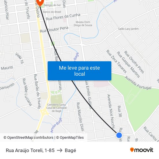 Rua Araújo Toreli, 1-85 to Bagé map