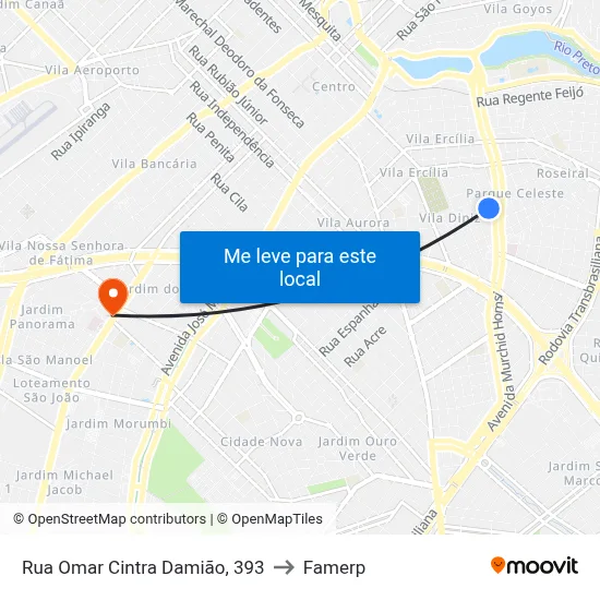 Rua Omar Cintra Damião, 393 to Famerp map