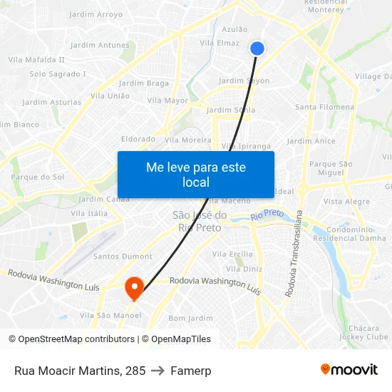 Rua Moacir Martins, 285 to Famerp map