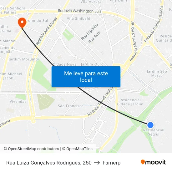 Rua Luiza Gonçalves Rodrigues, 250 to Famerp map
