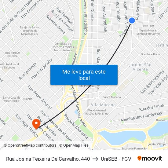 Rua Josina Teixeira De Carvalho, 440 to UniSEB - FGV map