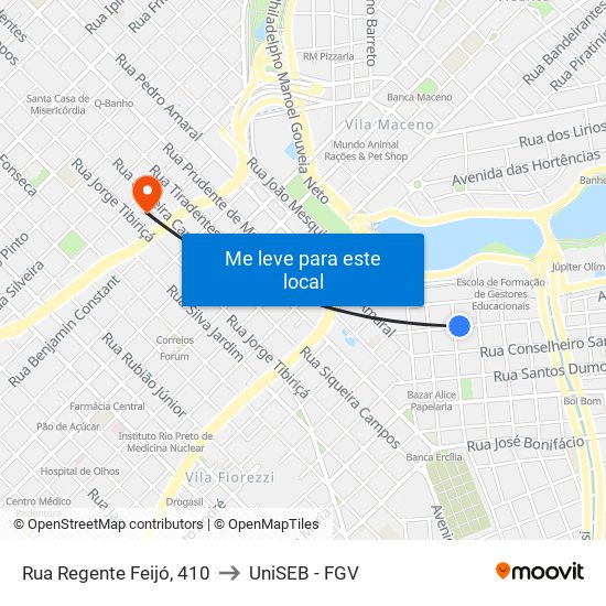 Rua Regente Feijó, 410 to UniSEB - FGV map