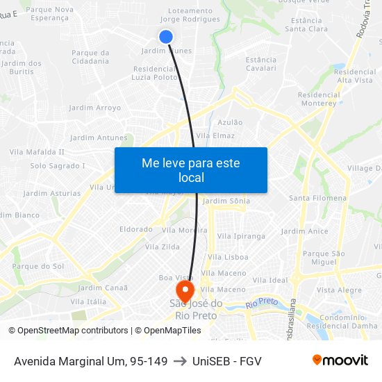 Avenida Marginal Um, 95-149 to UniSEB - FGV map