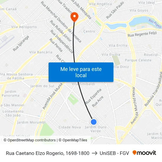 Rua Caetano Elzo Rogerio, 1698-1800 to UniSEB - FGV map