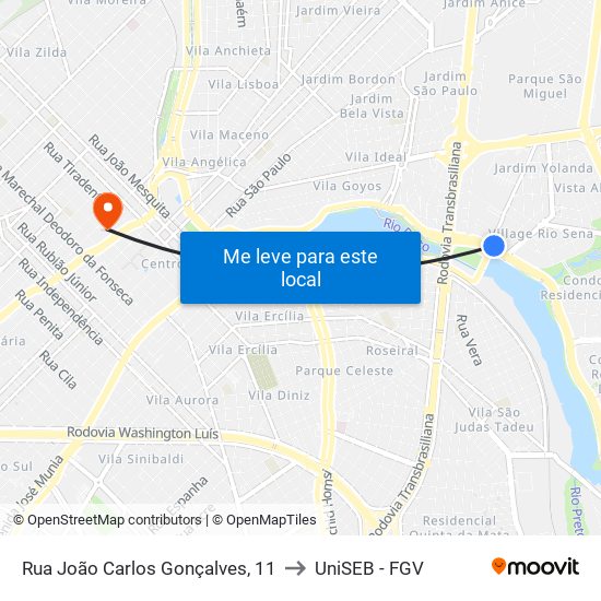 Rua João Carlos Gonçalves, 11 to UniSEB - FGV map