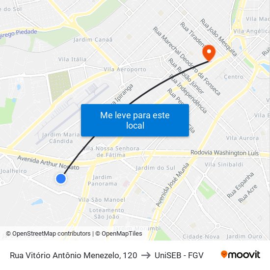 Rua Vitório Antônio Menezelo, 120 to UniSEB - FGV map