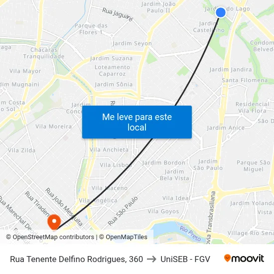 Rua Tenente Delfino Rodrigues, 360 to UniSEB - FGV map