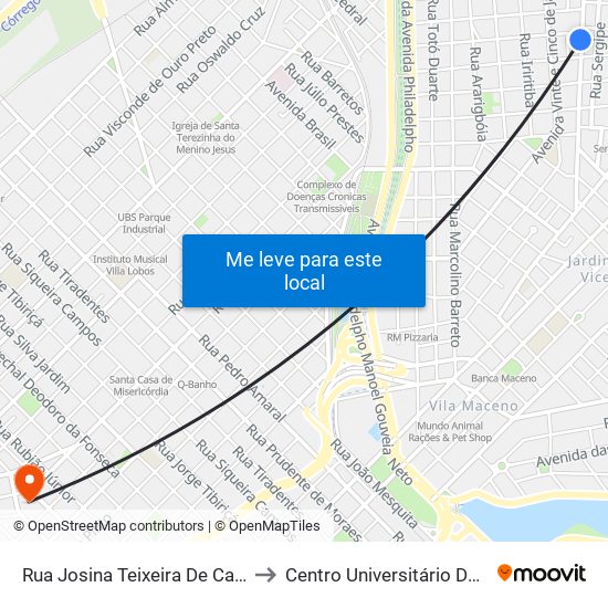 Rua Josina Teixeira De Carvalho, 669 to Centro Universitário De Rio Preto map