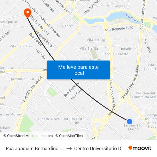Rua Joaquim Bernardino Ribeiro, 500 to Centro Universitário De Rio Preto map