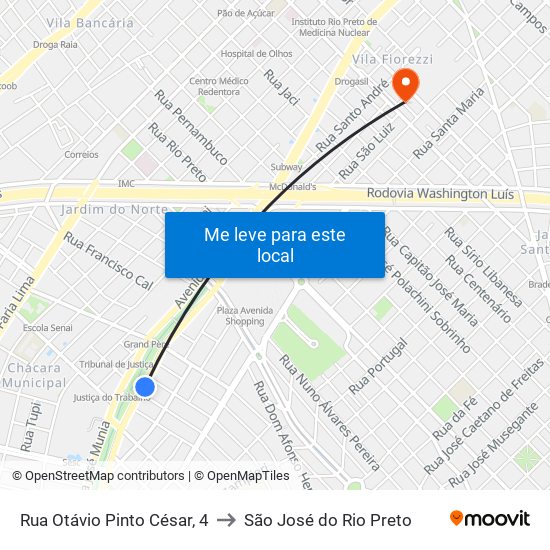 Rua Otávio Pinto César, 4 to São José do Rio Preto map