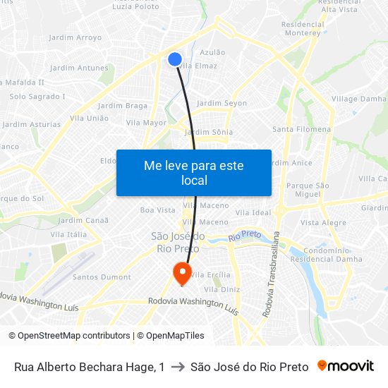 Rua Alberto Bechara Hage, 1 to São José do Rio Preto map