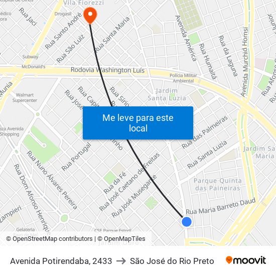 Avenida Potirendaba, 2433 to São José do Rio Preto map