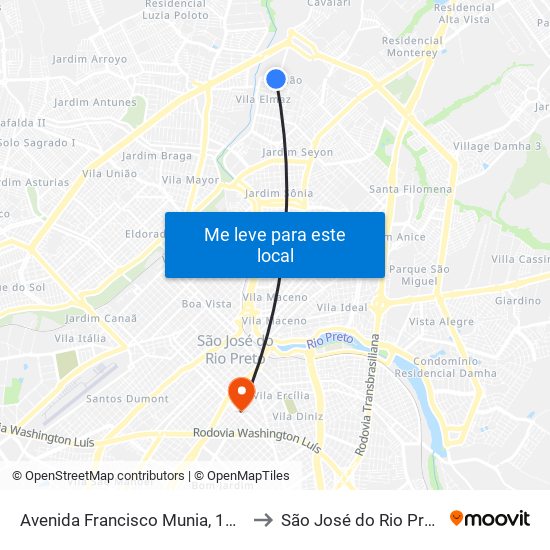 Avenida Francisco Munia, 1455 to São José do Rio Preto map