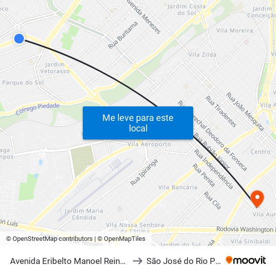 Avenida Eribelto Manoel Reino, 140 to São José do Rio Preto map