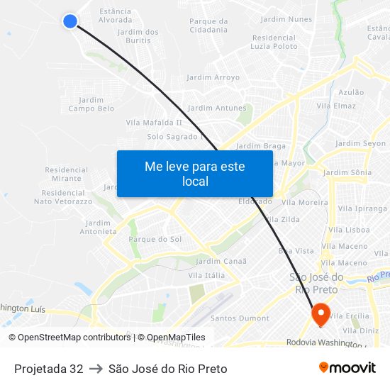 Projetada 32 to São José do Rio Preto map