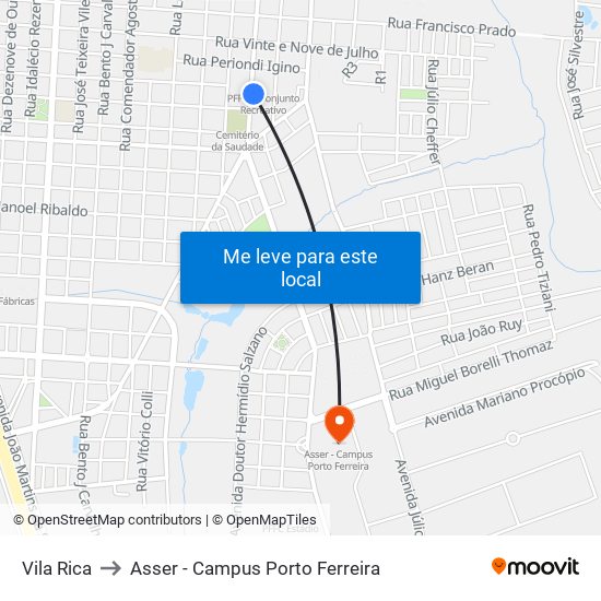 Vila Rica to Asser - Campus Porto Ferreira map