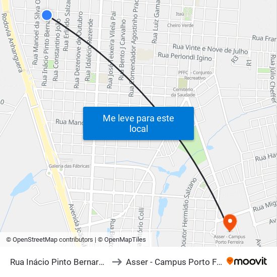 Rua Inácio Pinto Bernardo, 294 to Asser - Campus Porto Ferreira map