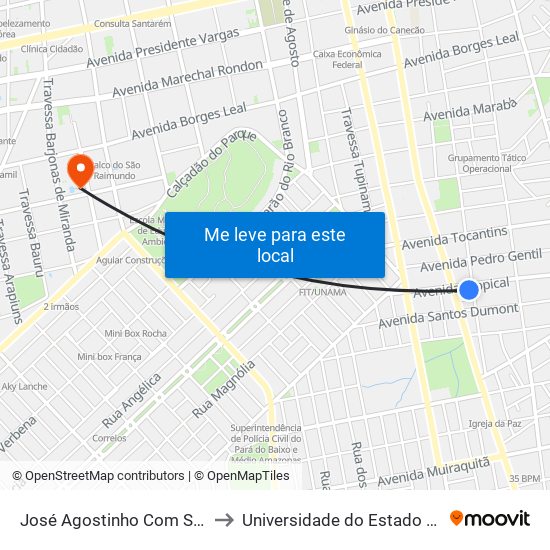 José Agostinho Com Santos Dumont to Universidade do Estado do Pará (UEPA) map