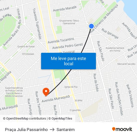 Praça Julia Passarinho to Santarém map