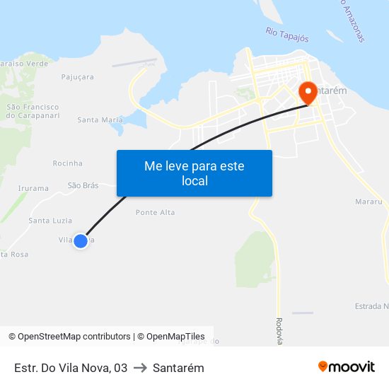 Vila Nova to Santarém map
