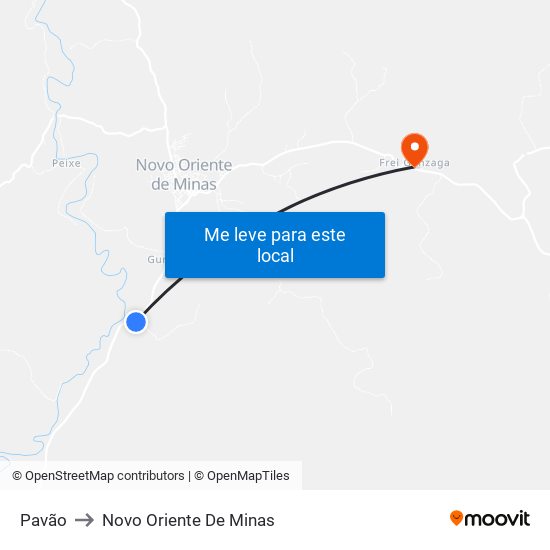 Pavão to Novo Oriente De Minas map