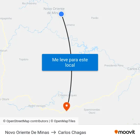 Novo Oriente De Minas to Carlos Chagas map