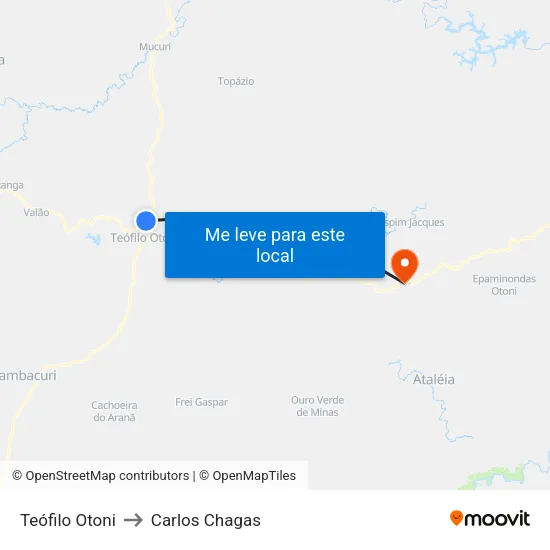 Teófilo Otoni to Carlos Chagas map