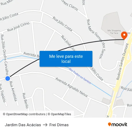 Jardim Das Acácias to Frei Dimas map