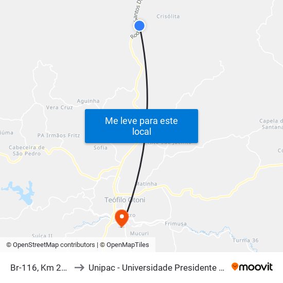 Br-116, Km 262,8 Sul to Unipac - Universidade Presidente Antônio Carlos map