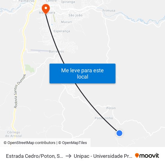 Estrada Cedro/Poton, Sul | Cabeceira Do Jabuti to Unipac - Universidade Presidente Antônio Carlos map