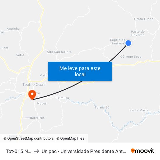 Tot-015 Norte to Unipac - Universidade Presidente Antônio Carlos map