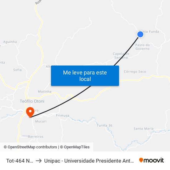 Tot-464 Norte to Unipac - Universidade Presidente Antônio Carlos map