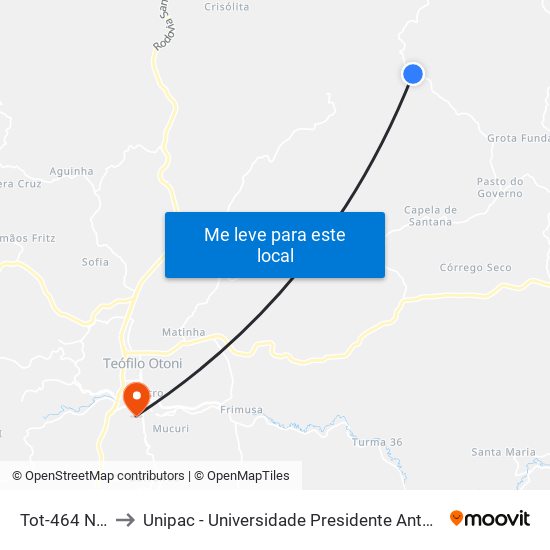 Tot-464 Norte to Unipac - Universidade Presidente Antônio Carlos map