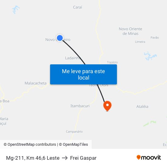 Mg-211, Km 46,6 Leste to Frei Gaspar map