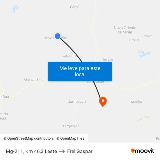 Mg-211, Km 46,3 Leste to Frei Gaspar map