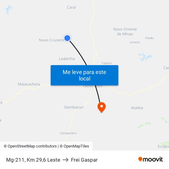 Mg-211, Km 29,6 Leste to Frei Gaspar map