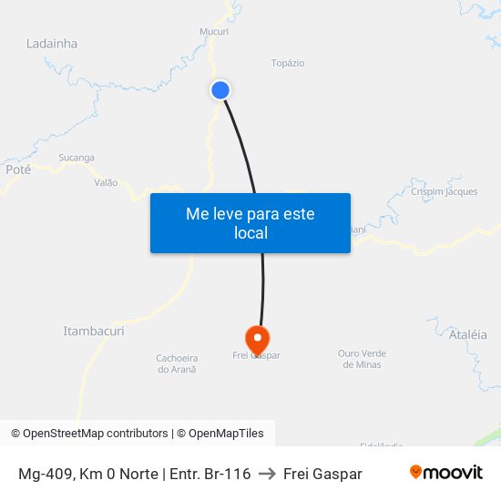 Mg-409, Km 0 Norte | Entr. Br-116 to Frei Gaspar map