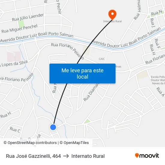 Rua José Gazzinelli, 464 to Internato Rural map