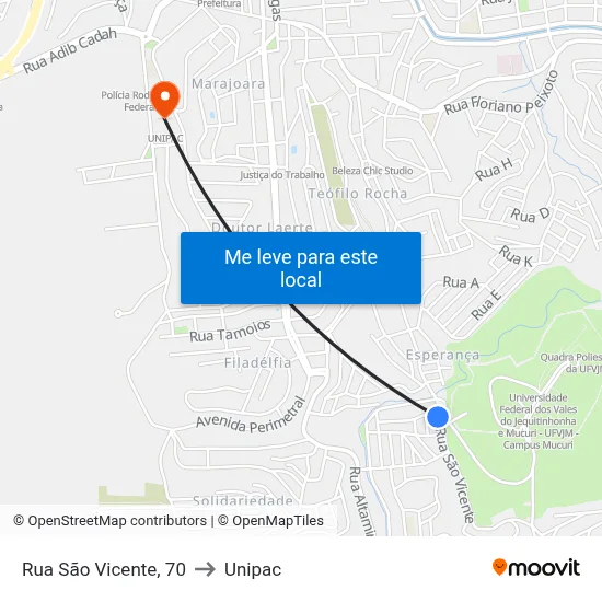 Rua São Vicente, 70 to Unipac map