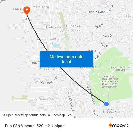 Rua São Vicente, 520 to Unipac map