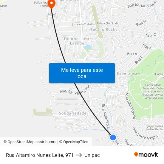Rua Altamiro Nunes Leite, 971 to Unipac map