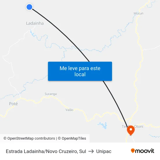 Estrada Ladainha/Novo Cruzeiro, Sul to Unipac map