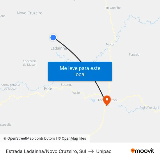 Estrada Ladainha/Novo Cruzeiro, Sul to Unipac map