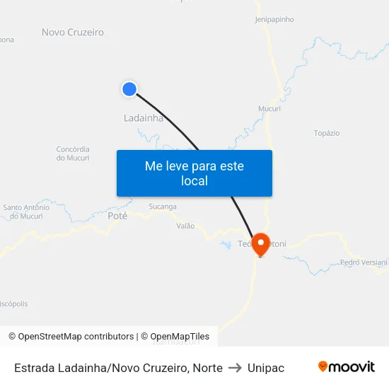 Estrada Ladainha/Novo Cruzeiro, Norte to Unipac map